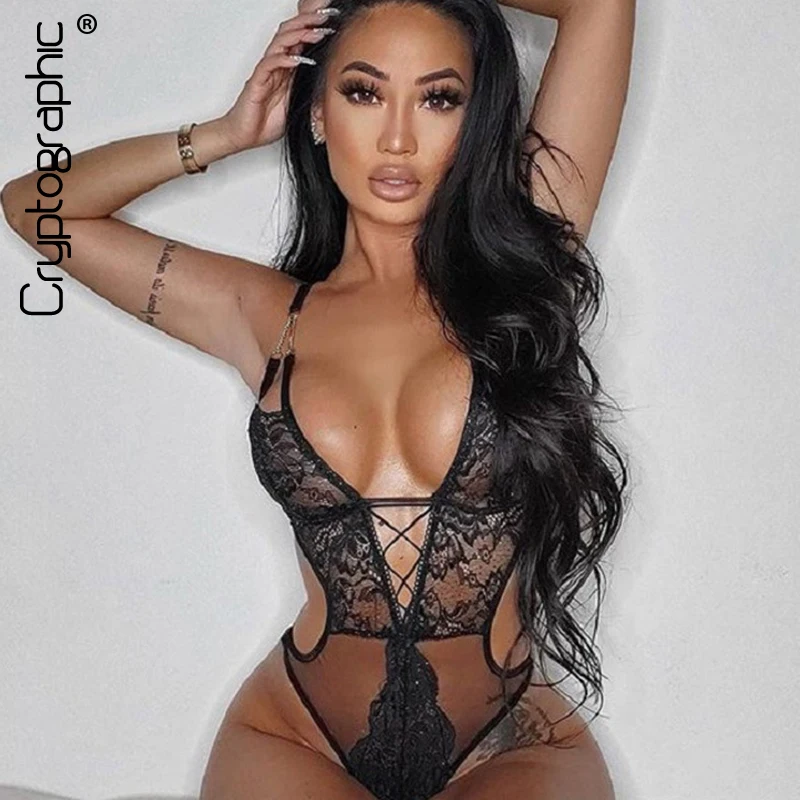 

Cryptographic Deep V-Neck Plunge Strappy Sheer Sexy Lace Bodysuit Club Female Body See Through Backless Bodysuit Thong Teddy