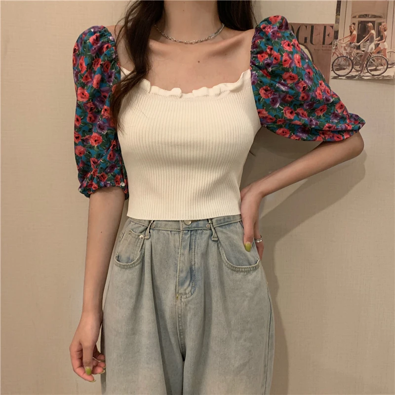 

Women's Tops 2021 Summer New Fashion Patchwork Print Puff Sleeve Knitted Shirt Ladies Daily All-Match Sweater Tops