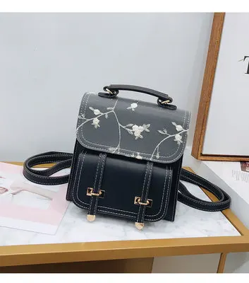 Beibaobao Вышитый цветочный дизайн рюкзак модный школьный подростковый рюкзак для девочек Высококачественный кожаный женский рюкзак на плечо - Цвет: black