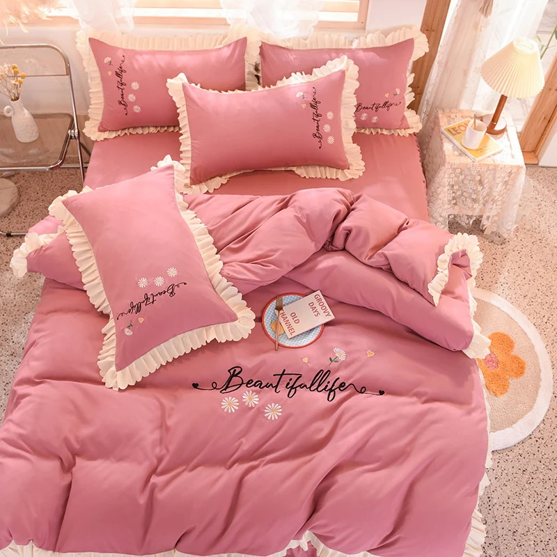

Princess Home Bedding Set Cotton Embroidery Flowers Pattern Sheet Pillow Cases Duvet Cover Four Pieces M19