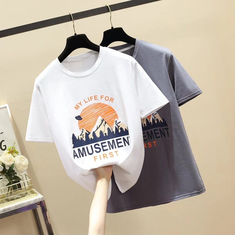 

2021 Summer Women Graphic T Shirts Print Cotton T shirts Female O-Neck Short Sleeve Tshirts Casual Loose Solid Tees Tops