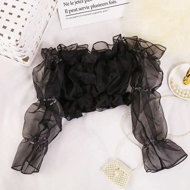 

Sexy Mesh Stitching Off Shoulder Strapless Shirts Women Sweet Ruffle Summer Chiffon Blouse Women Chemise Femme Ladies Tops C7086