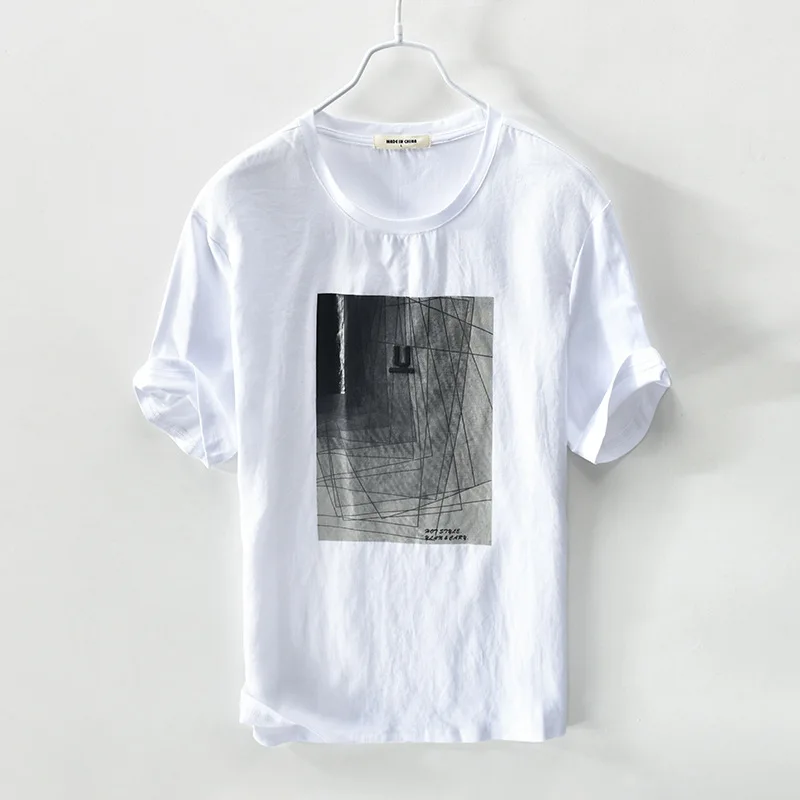 

RC106 модные футболки с абстрактным принтом для мужчин летние дышащие хлопковые льняные тонкие с круглым вырезом однотонные универсальные ул...