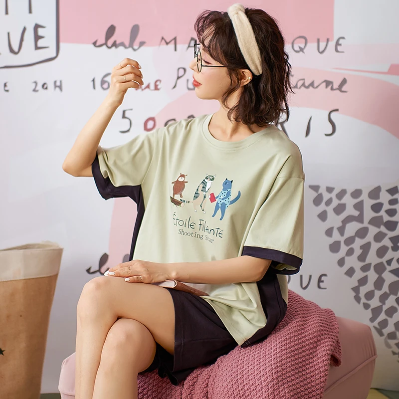 

For Women Refreshing Ligth Green Short Sleeve Loose Laisure Sleepwear Homewear Cute Animal Printing Cartoon Summer Pajamas Set