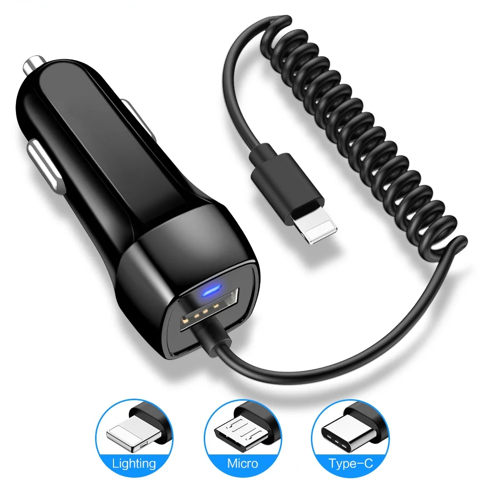 

10W USB Car Charger Micor Cable Car Cigarette Lighter Charger With Spring Lightning Cable USB Car Charger Type C Cable