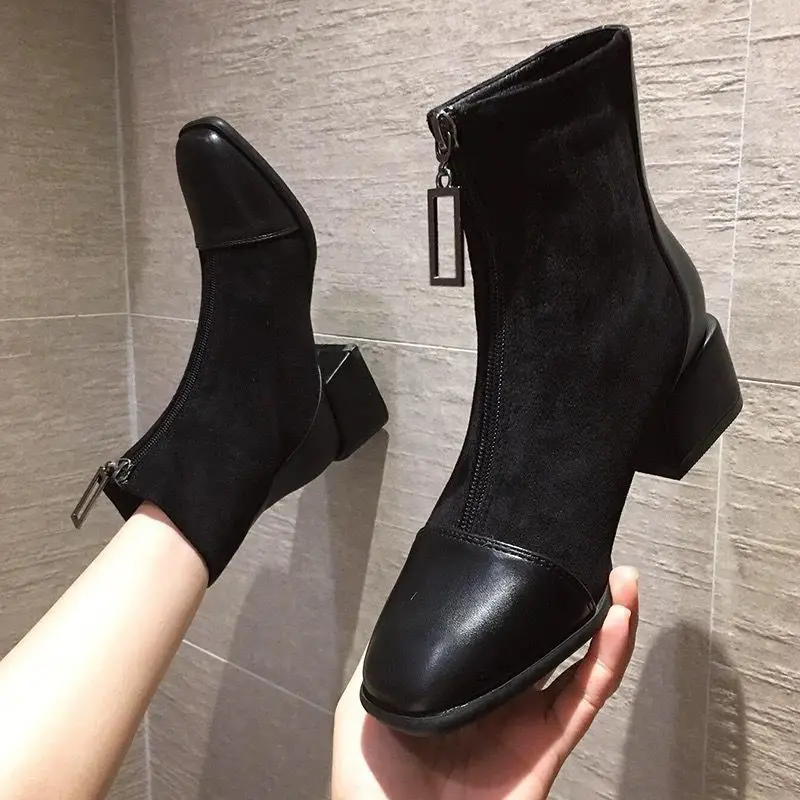 

Women's Boots Front Zipper Short Boots Women 2021 New Autumn and Winter Stitching Thick Heel Martn Boots Fashion Short Boots