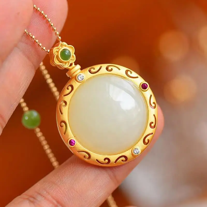 

New Auspicious Vintage Pattern Hetian Jade round Plate Pendant Ancient S925 Sterling Silver Gilding Jasper Necklace Female Palac