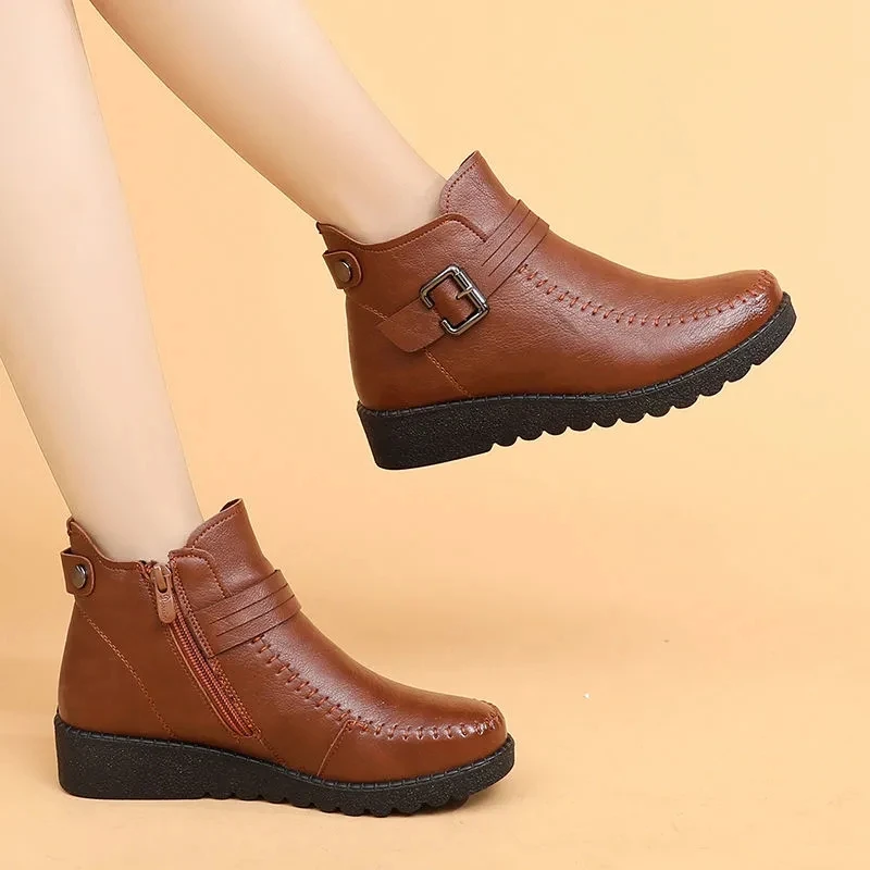 

Womens Cotton Shoes Leather Waterproof Platform Winter Plush Warm Ankle Booties Female Casual Short Boots