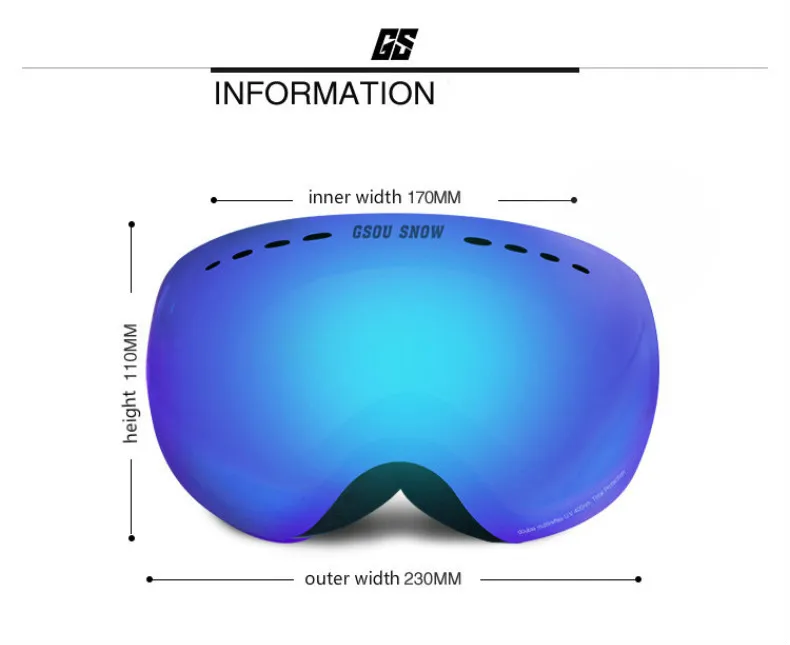 GSOU SNOW Ski Goggles Double Layers UV400 Anti-fog Big Ski Glasses Men Women Snowboarding Skiing Goggles With Packet