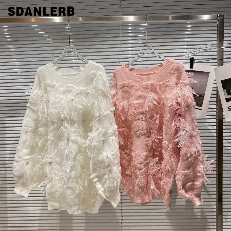 

2021 Autumn New Clothing Lace Flower Rhinestone Design Round Neck Knitted Pullover Long Sleeve Solid Color Loose Sweater