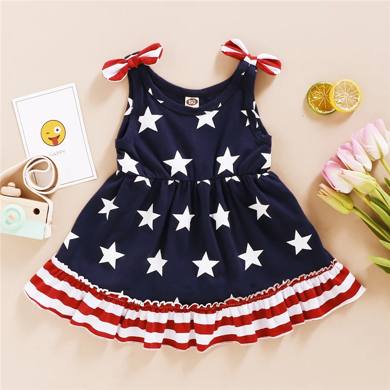 

1-4Years Baby Girls 4th of July Dress,Children Girls Casual Patriotic Stars Stripes Sleeveless Bowknot Independence Day Dress
