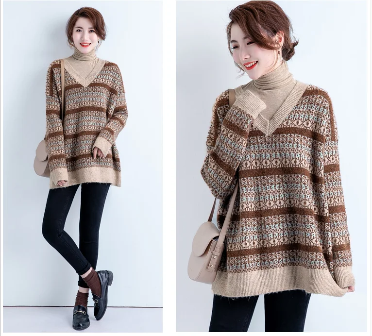 

Autumn loose pullover sweater + high collar solid color sweater suit