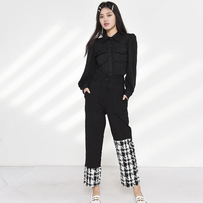 

[EAM] Black Plaid Pockets Long High Elastic Waist Trousers New Loose Fit Pants Women Fashion Tide Spring Autumn 2021 1DD267208