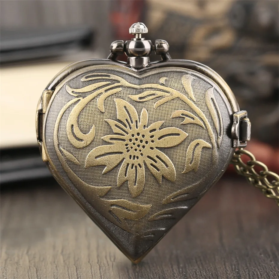 Ретро в форме сердца бронзовые подвесные карманные часы с necklace ем цепочкой крутые Кварцевые Fob часы для женщин девушек лучший подарок