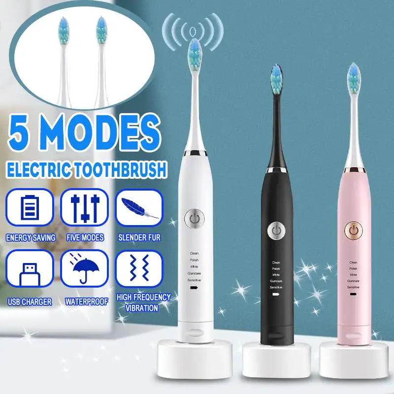 

Electric Toothbrush Waterproof Ultrasonic Automatic Sonic Toothbrush Rechargeable 5 Models With 2 Replacement Brush Heads Gift
