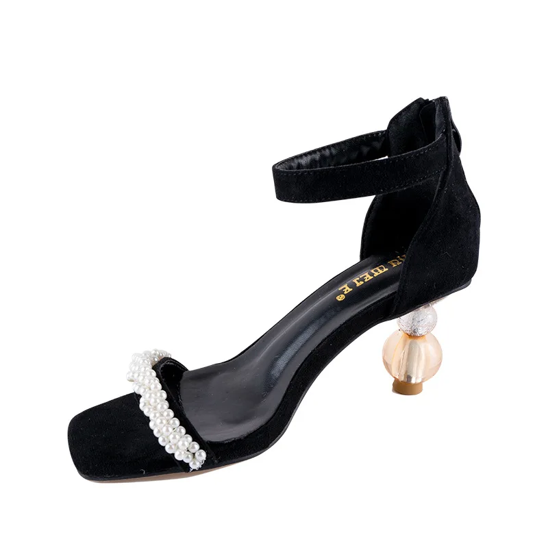

2021 Spring and Summer New Black French Beaded High Heel Sandals Clear Heel Pearl Shoes