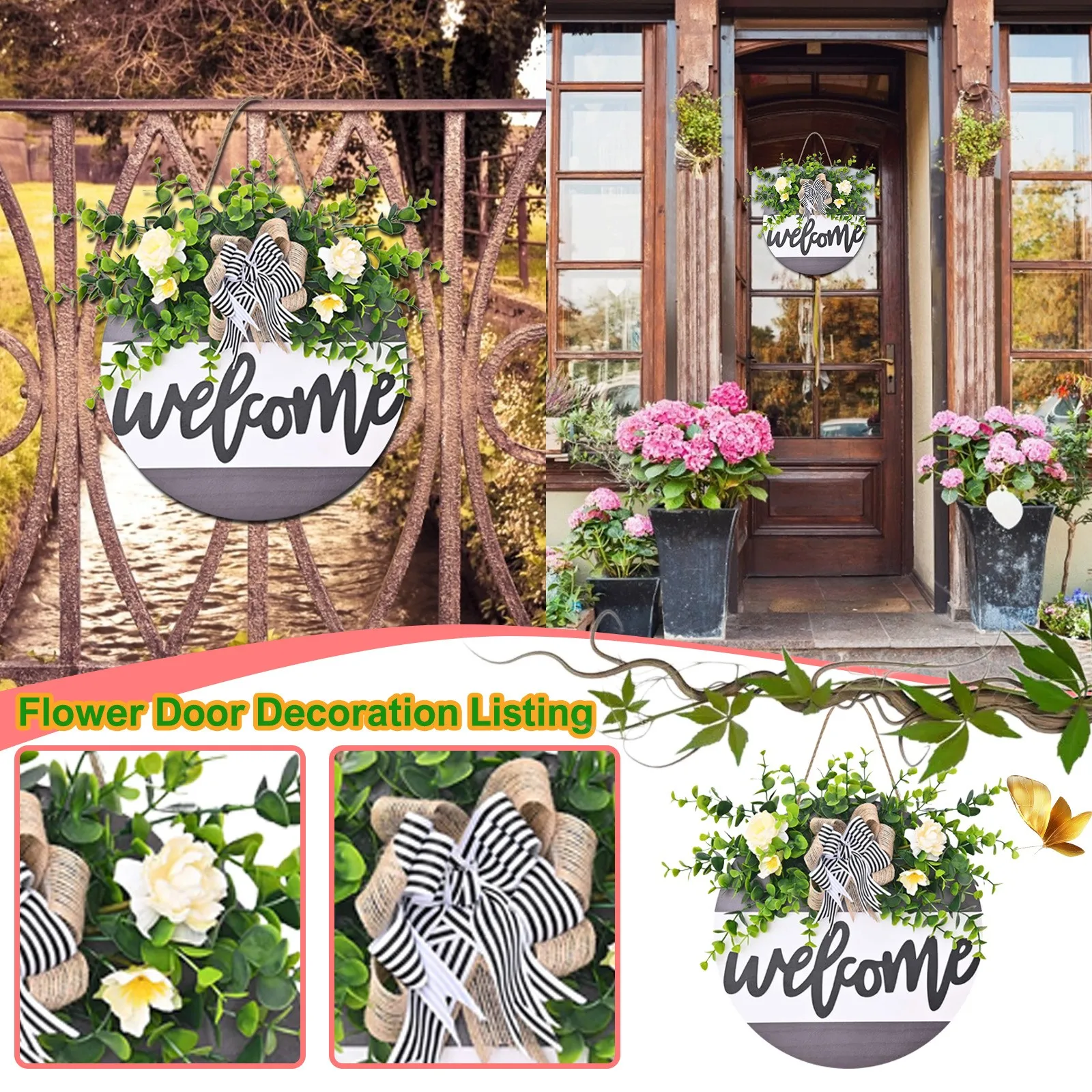 

Wood Sign Welcome Wreaths Flower Spring Decoration Door Home Decor Wedding Decoration Garlands Yard Garden Decor Brand