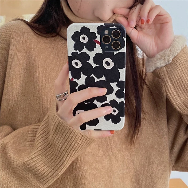 

for iPhone 12 Case Luxury Silicone Full Protection Soft Cover Fashion Black Flowers for iPhone 12 Phone Case