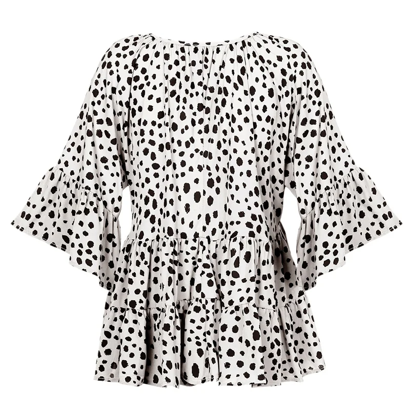 

Summer Spring Dot Printing V-Neck Ruffled Shirt Shirt Casual Fashion Ladies Shirt