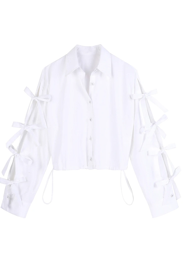 

2021 Spring and Summer New White Shirt Women's Elegant Bow Long Sleeve Button Short Blouse Female Tops Blusas De Mujer Trendy