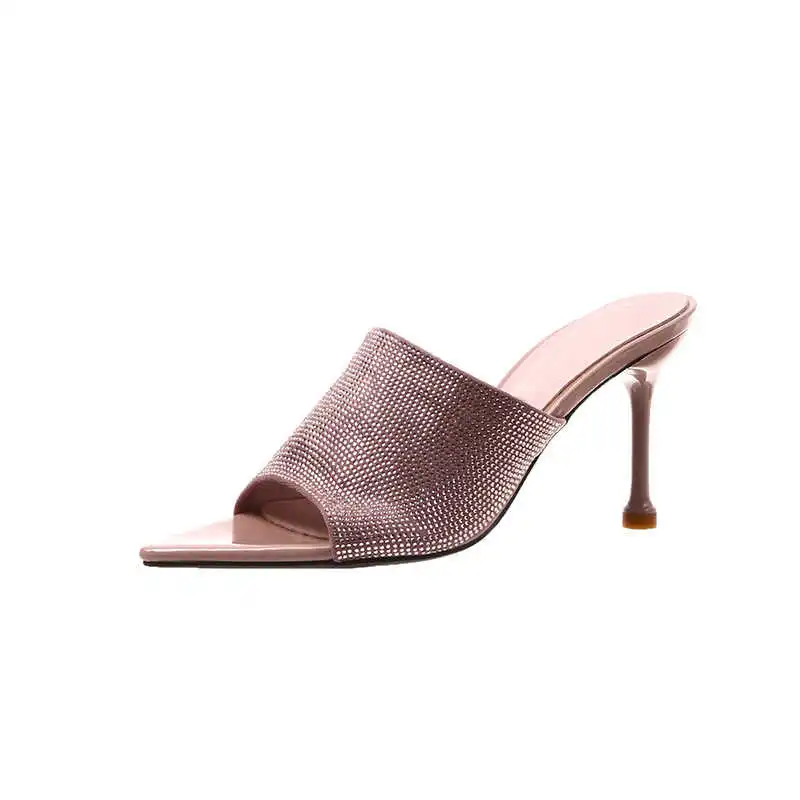 

Pointed slippers women's high heeled shoes half trailer 2020 summer new fashion water drill open toe wear versatile sandals