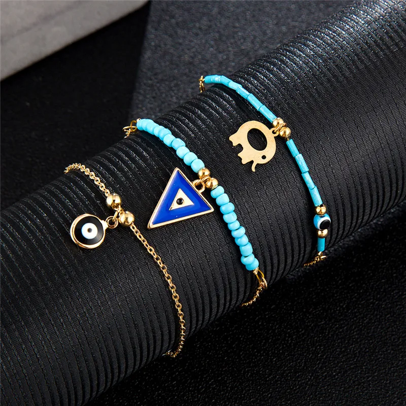 Tocona 3 шт./компл. Boho Elephant Eye triangle зеленый синий ножной браслет из бусин набор для женщин геометрический многоярусный ножной браслет бижутерия для ног 8142
