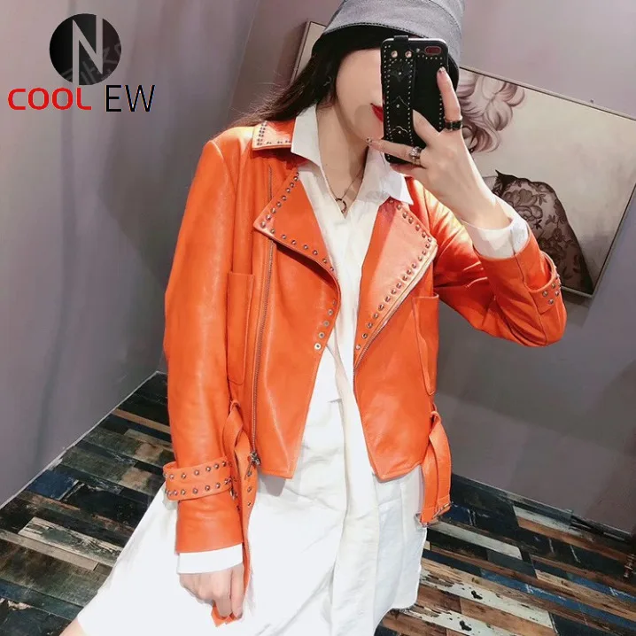 

Fashion Women Candy Colors Punk Rivets 100% Sheepskin Coat Orange Green Biker Female Slim Fit Short Belted Real Leather Jacket