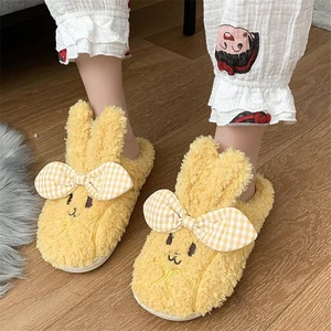 Winter Women Home Cotton Slippers EVA Fluffy Hairy Slides Cute Bowknot Warm Shoes Soft Plush Rabbit Ears Slippers Memory Foam