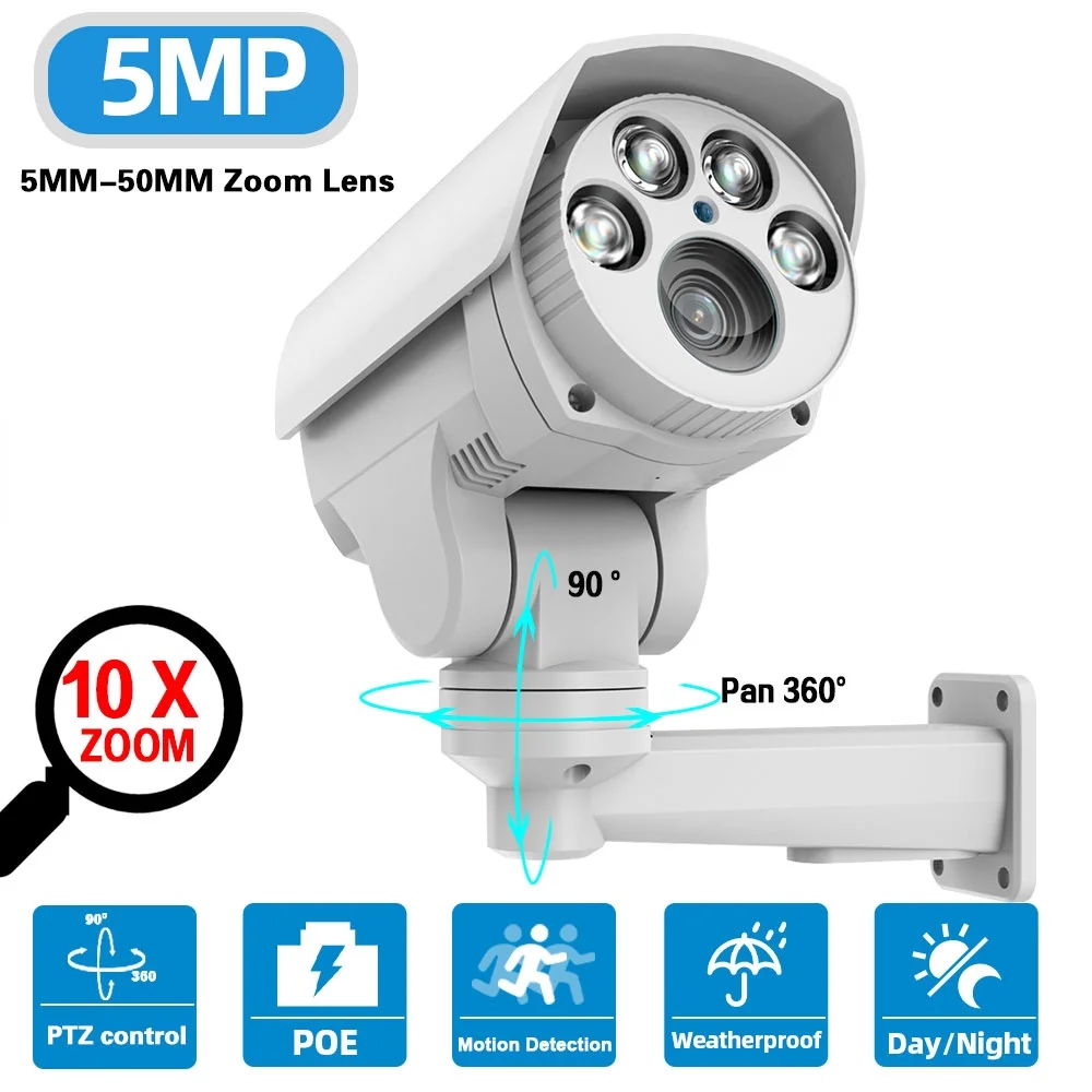 

IP-камера видеонаблюдения H.265, 5 Мп, PTZ, 10X зум