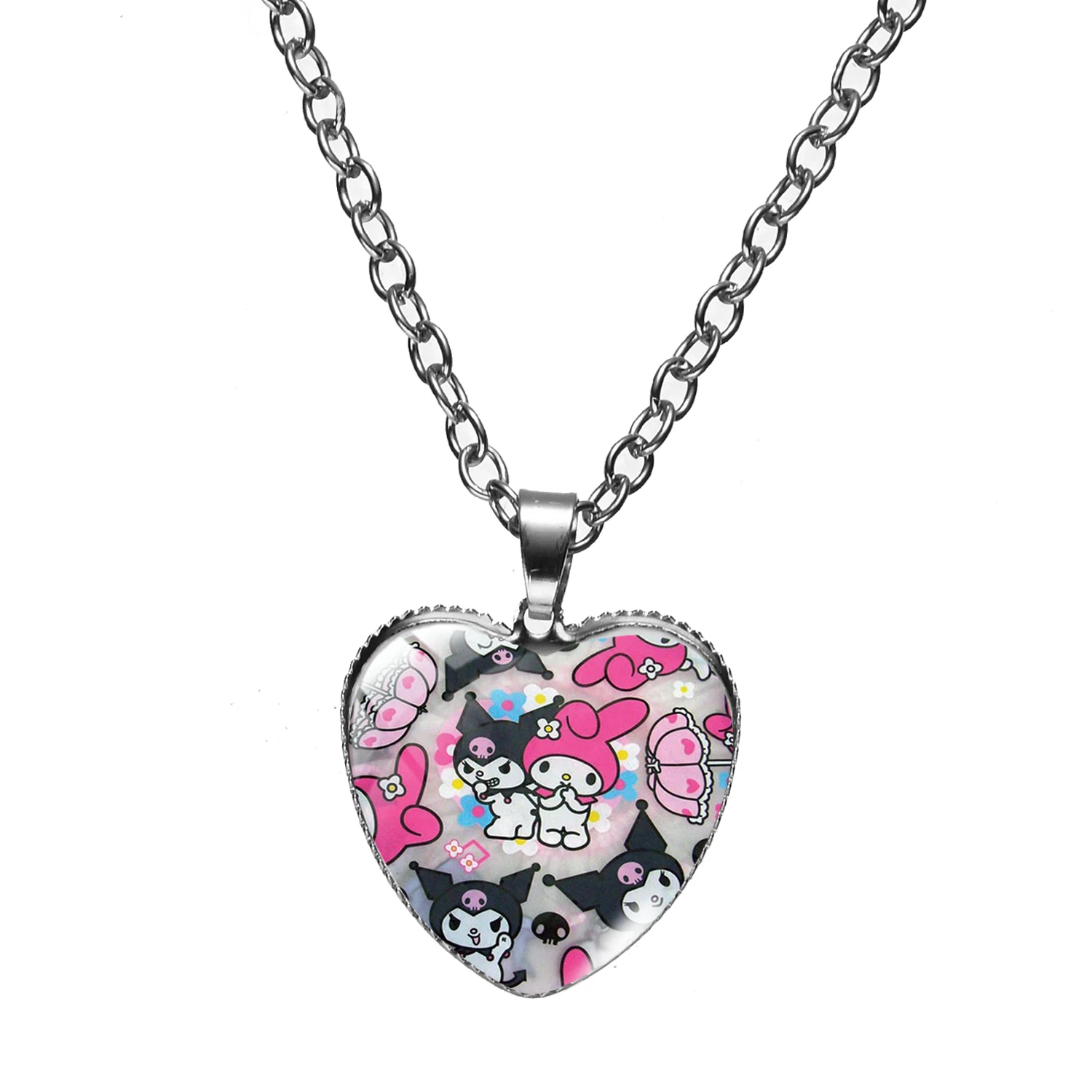 

Cute Bunny Rabbits Heart Pendant Necklace Glass Cabochon Little Devil Chokers Necklaces Cartoon Jewelry Gifts For Women Men Kids