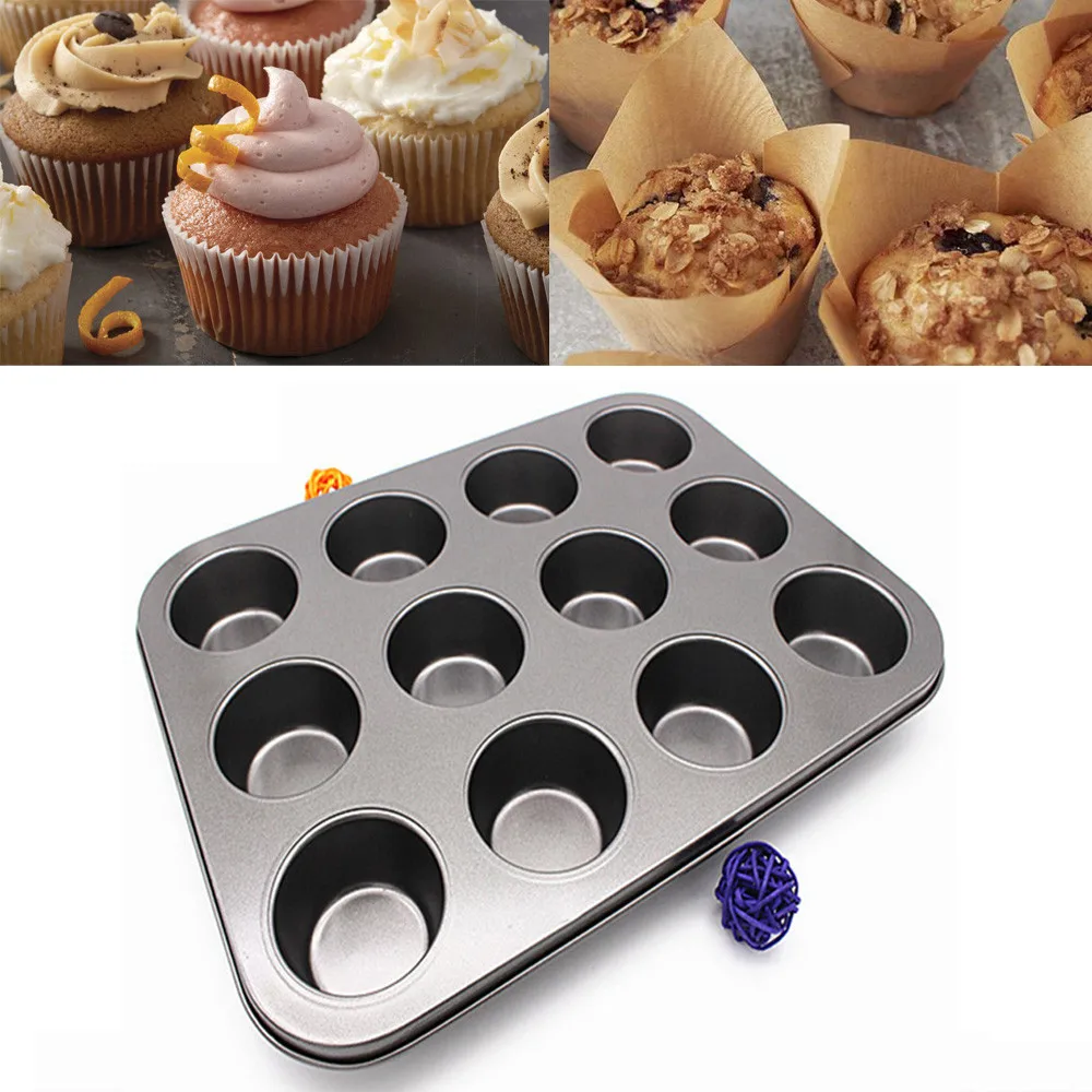 

12 Cup Carbon Steel Muffin Cupcake Baking Pan Non Stick Dishwasher Microwave Cake Mould Round Biscuit Pan Tray Sale 2021 Style