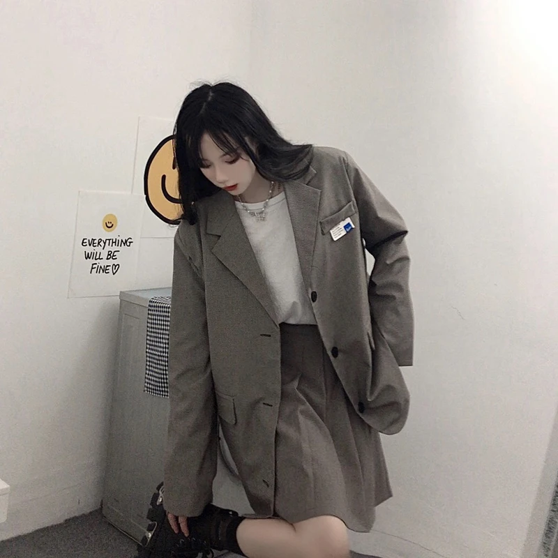 

Harajpoo Women Blazers 2021 Spring Autumn New Korean Version Retro Preppy Style Solid Color Ins Loose Female Suit Tops Tide