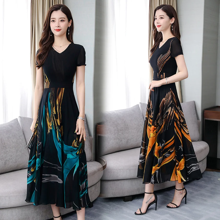 

2021 Summer Vintage Black Chiffon Boho Midi Dresses Women Bodycon 4XL Plus Size Print Maxi Dresses Party Elegant Beach Vestidos