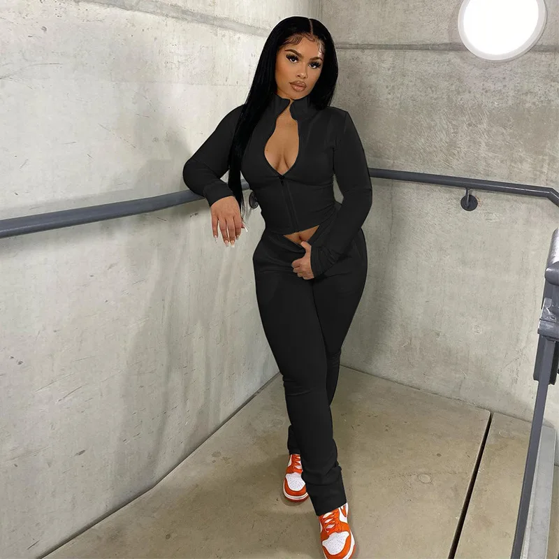 

Adora Women's Fashionable Two Piece Sets Solid Mock Neck Long Sleeves Zipper Up Slim Sweatshirt Elastic Long Pants 2021