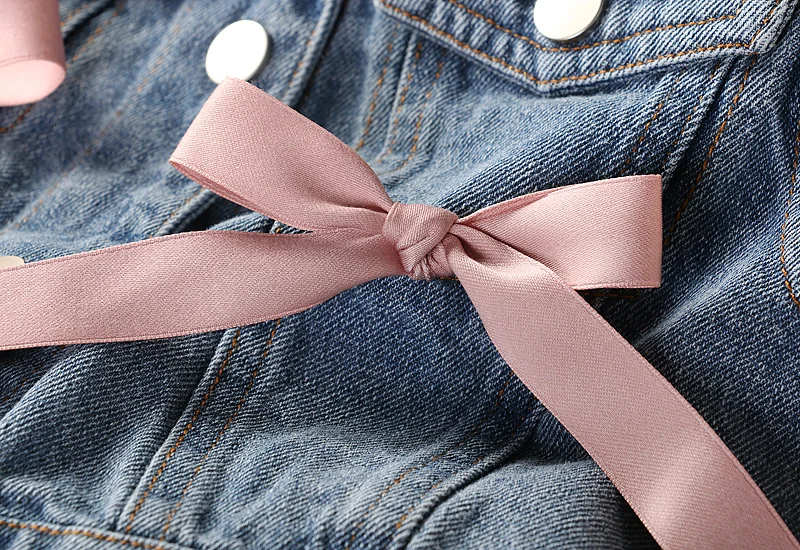New Girls Dresses 2pcs Sets Kids Autumn Clothes Pearl Denim Vest Long Sleeve Lace Princess Dress Bow Pink Children Outfits Size