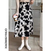 cow pattern skirt mid length spring 2021 new style retro stitching high waist a line skirt women