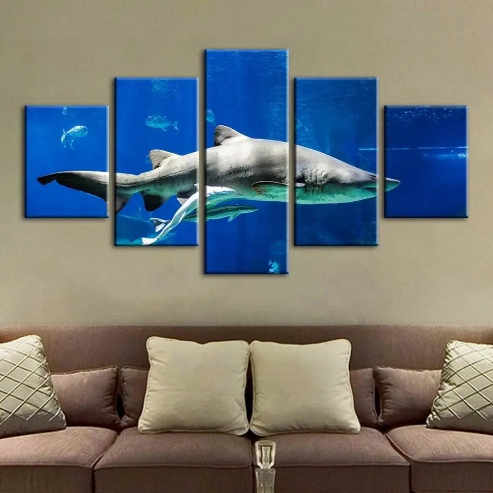 

5 панельных холщовых картин с изображением большого океана, акулы, морской рыбы, настенная живопись, Настенный декор для гостиной, плакат без рамки