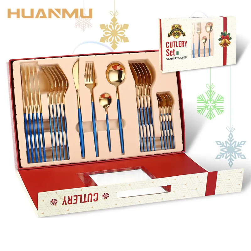 

24Pcs/Set Christmas Cutlery New Tableware Knife Fork Spoon Gold-plated Spray Paint Stainless Steel Christmas Present посуда