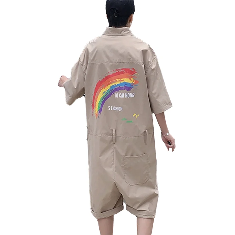 Fashion Rainbow Print Men Romper Jumpsuit With Belt Half Sleeve Streetwear Casual Playsuit Pants Men Cargo Overalls Harajuku