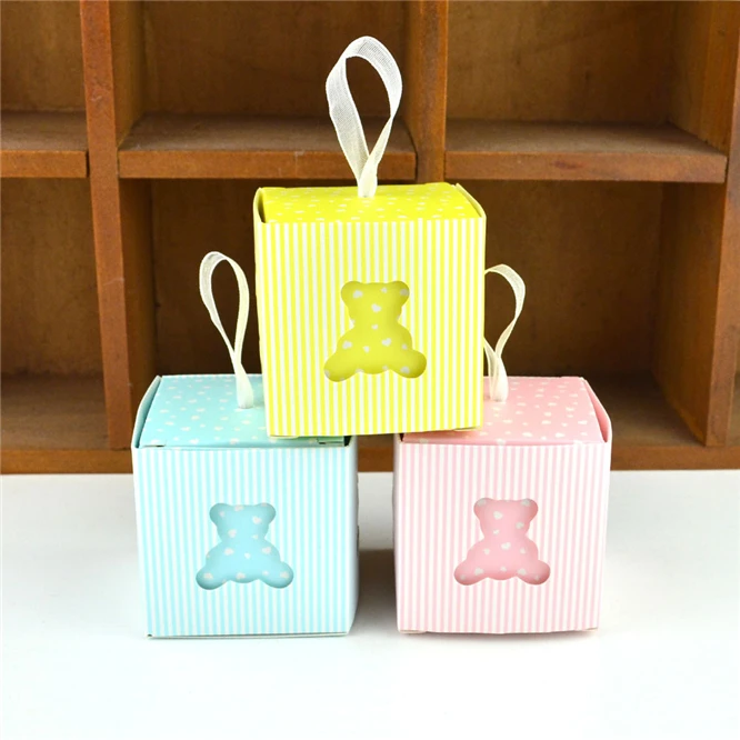 

100pcs Cute Bear Hollow Valentine's Gift Box with Ribbon Wedding Birthday Party Baby Shower Square Gift Candy Box Party Supplies