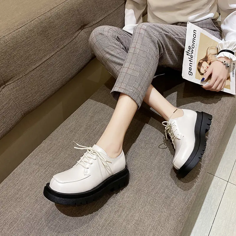 

small leather shoes female British style autumn and winter 2020 new students all-match square toe platform platform loafers