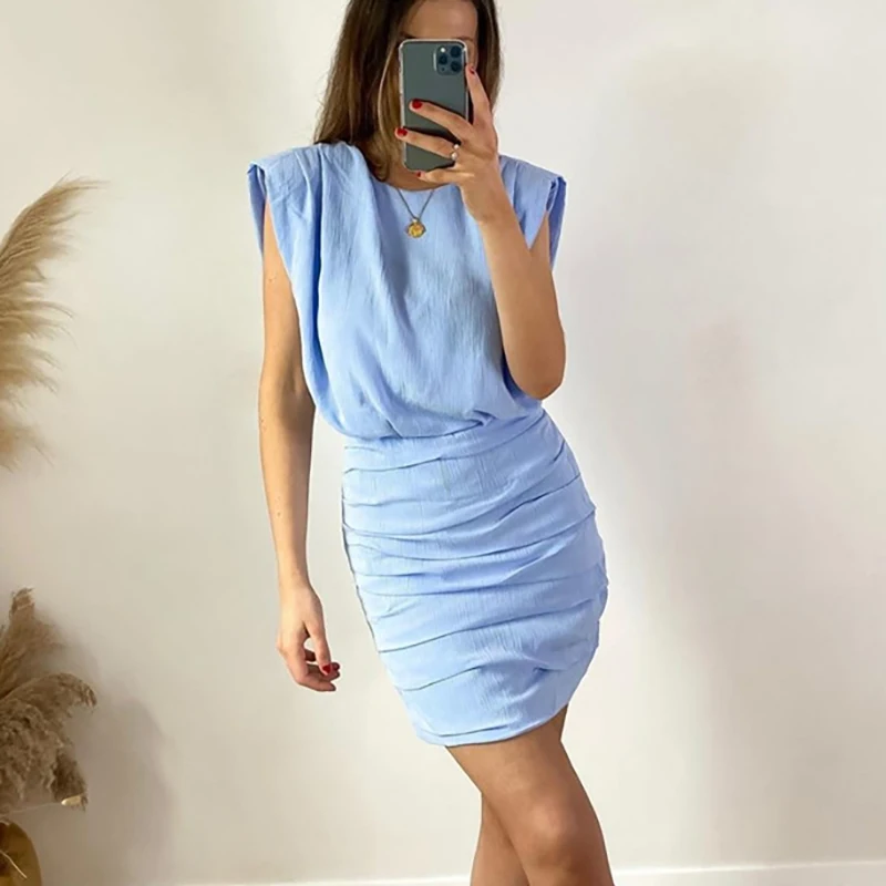

2022 women casual summer blue pleated mini dresses female fashion shoulder pad sleeveless high waist short dress femme