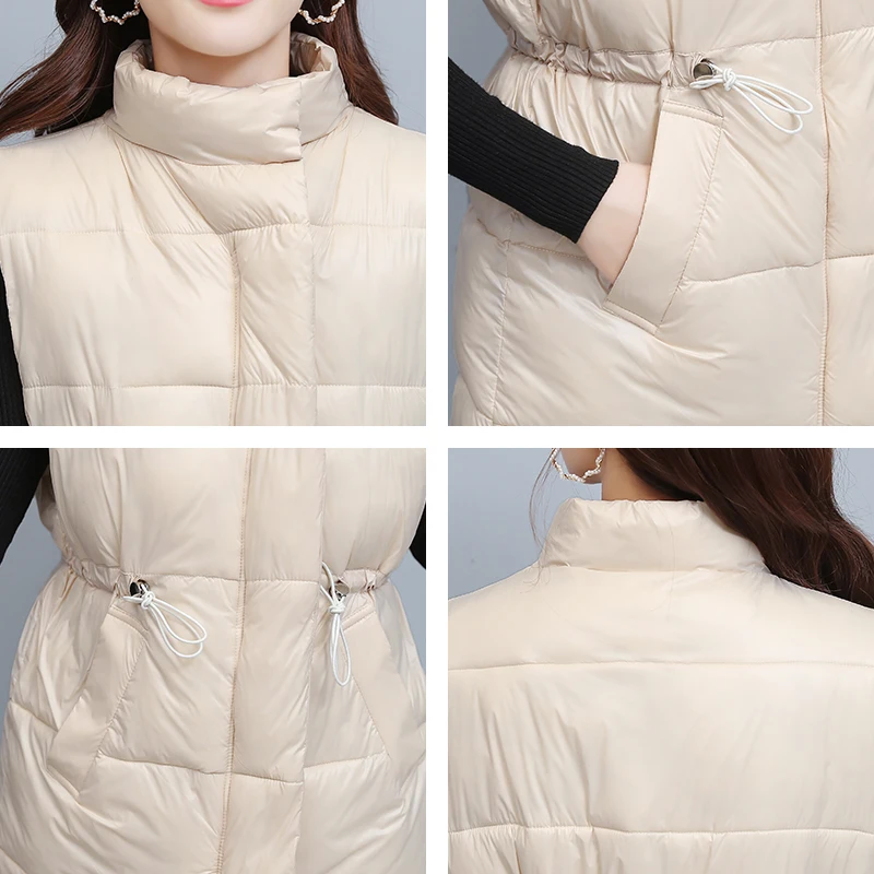 

Women's Winter Long Sleeveless Jacket Cotton Padded Solid Female Vest Plus Size Loose Stand Collar Casual Thick Parkas Outwear