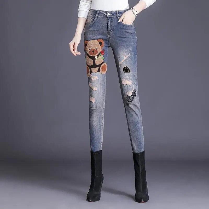 

New Fashion Spring Autumn Denim Trousers Flocking Bears All-match High Waist Lady Skinny Pencil Pants Slim Women Stretch Jean