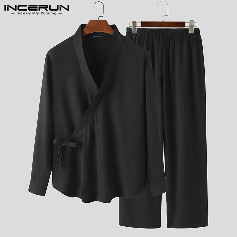 

Chinese Style Men Sets Vintage Streetwear V Neck Long Sleeve Shirt Tang Suit Casual Wide Leg Pants Solid Men Suit INCERUN S-5XL