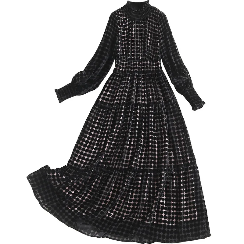 

2020 Fashion Black Dress Women Flocking Stand Collar Fall Bottom 9909 Lantern Sleeve Solid Color Long Skirt Women