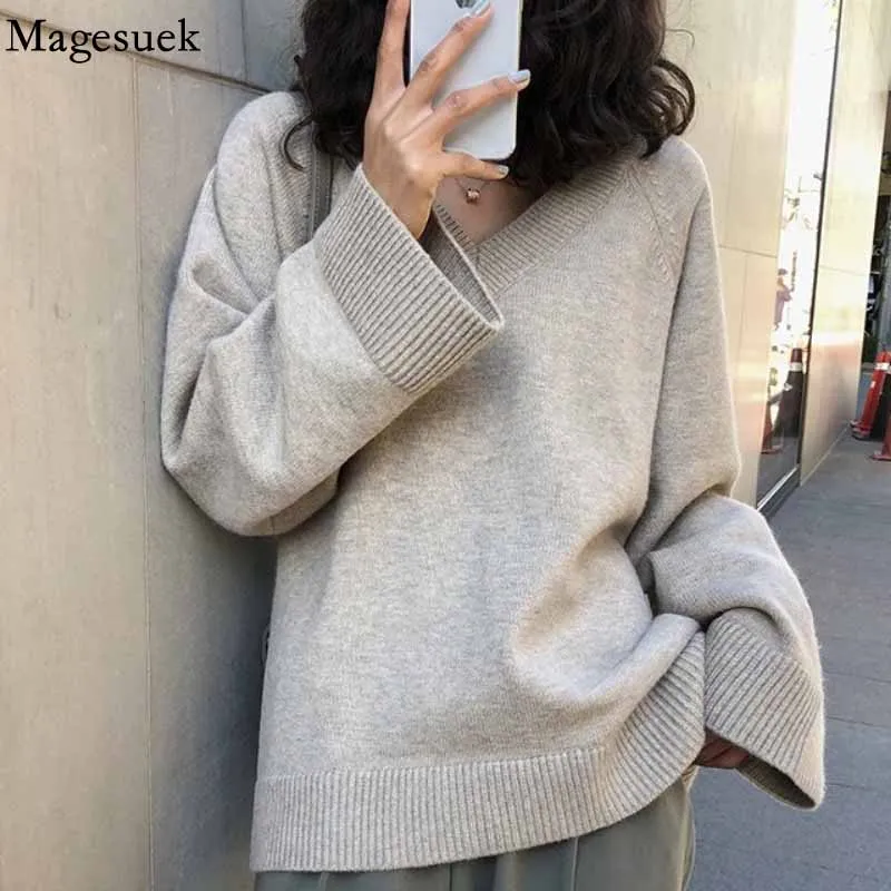 

Fashion Loose Lazy V-neck Solid Sweater Women Long Wide Sleeve Knitted Jumper Pullover Tops Winter Clothes Women 2021 New 11652