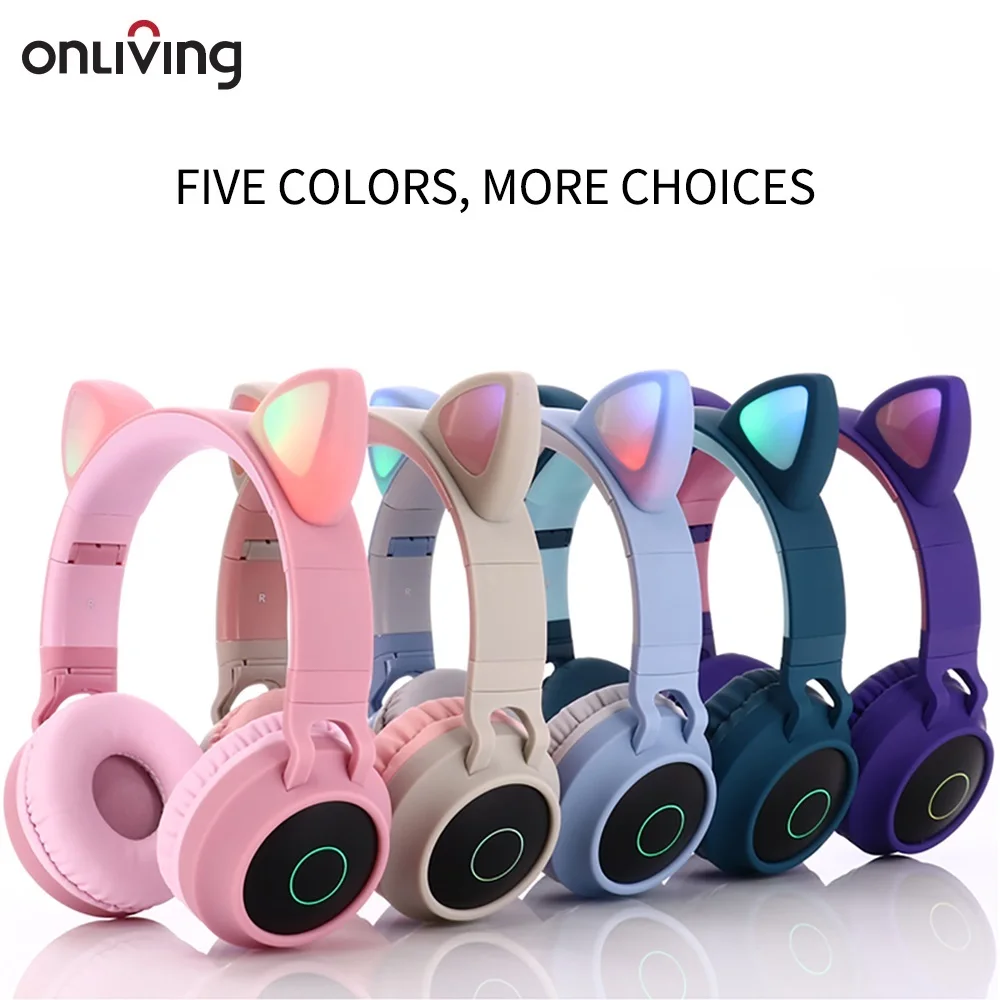 

ONLIVING 2021New Arrival LED Cat Ear Noise Cancelling Headphones Young People Kids Headset Support TF Card 3.5mm Plug With Mic