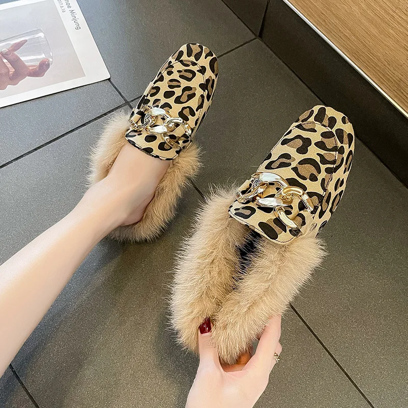 

Fluffy Slippers Women Fall And Winter 2021 New Canvas Leopard Muller Shoes Lazy Shoes Flat Rabbit Fur Closed Toe Half Slippers