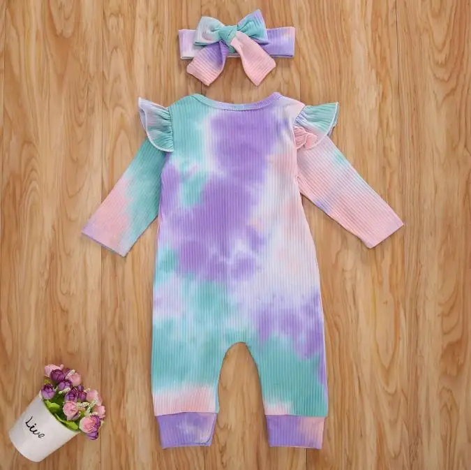 

Newborn Baby Girls Autumn Spring Outfit kids Long Sleeve Tie-dye Romper Headband Casual Baby Clothes
